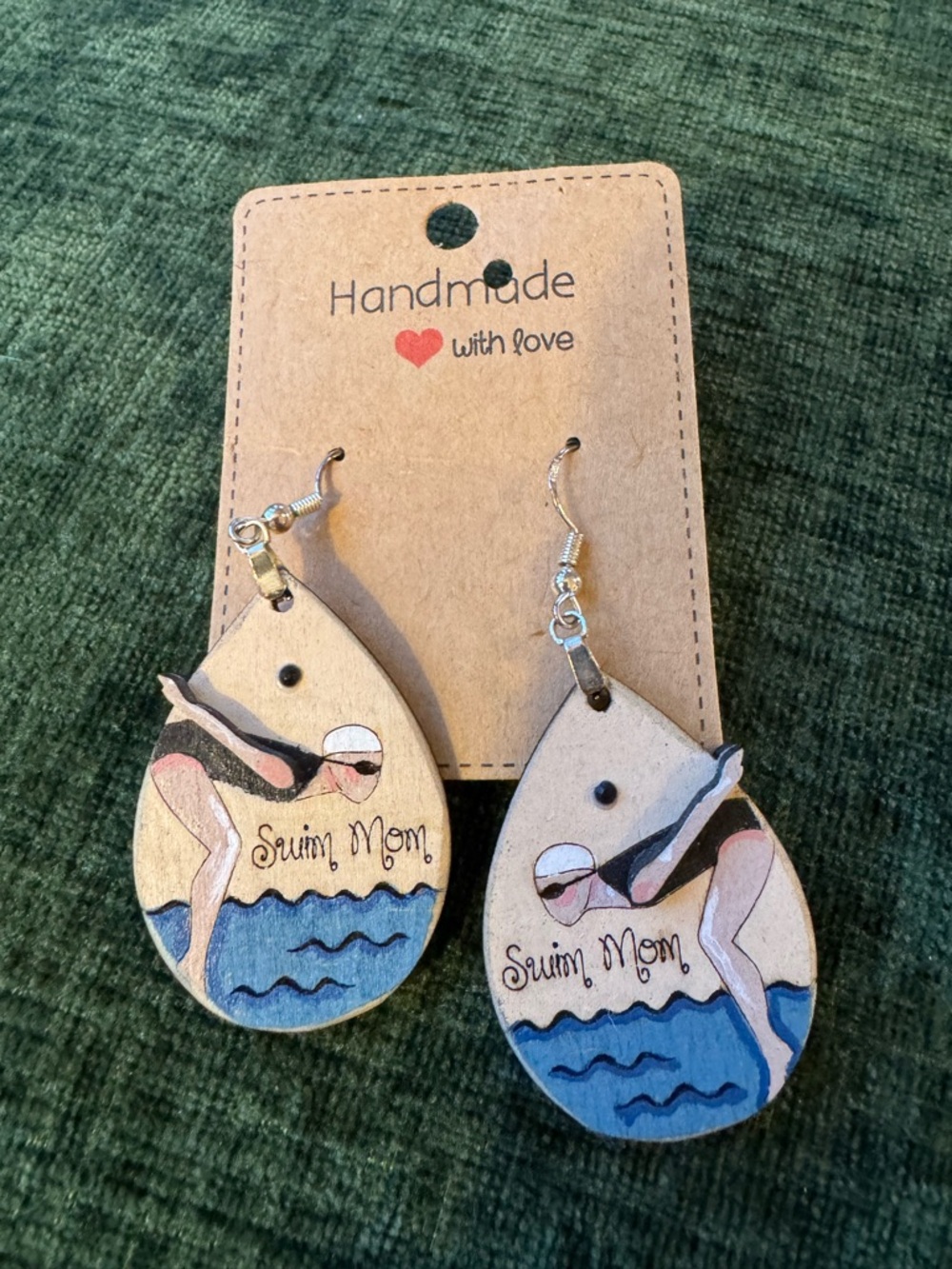 Handmade Swim Mom Teardrop Wooden Earrings